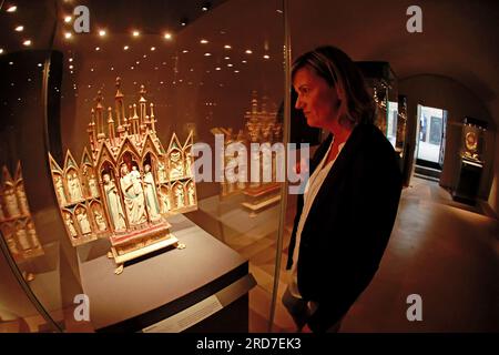 19 July 2023, Saxony-Anhalt, Halberstadt: Claudia Wyludda of the Saxony-Anhalt Cultural Foundation stands in the treasury of Halberstadt Cathedral's treasure. A new representative entrance area for the Halberstadt Cathedral and Cathedral Treasure has been created in the Stolberg Curia. The new Cathedral Treasure Visitor Center will be officially opened on August 26. The result is a friendly, bright room with a café area and seating. In the future, tickets for the cathedral treasure will be sold at the cash desk. The north portal is upgraded as a new entrance to the cathedral. Photo: Matthias B Stock Photo