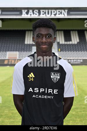 Eupen, Belgium. 19th July, 2023. Eupen's Lorenzo Youndje poses for a portrait picture at the 2023-2024 season photoshoot of Belgian Jupiler Pro League team KAS Eupen, Wednesday 19 July 2023 in Eupen. BELGA PHOTO JOHN THYS Credit: Belga News Agency/Alamy Live News Stock Photo