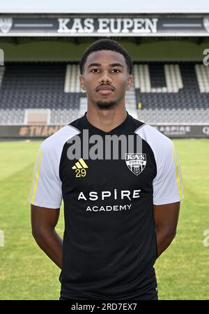 Eupen, Belgium. 19th July, 2023. Eupen's Teddy Alloh poses for a portrait picture at the 2023-2024 season photoshoot of Belgian Jupiler Pro League team KAS Eupen, Wednesday 19 July 2023 in Eupen. BELGA PHOTO JOHN THYS Credit: Belga News Agency/Alamy Live News Stock Photo