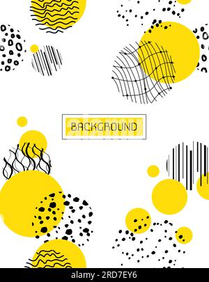 Vertical Abstract background with yellow circle. doodle black Patterns with curve lines, dots and spot. modern trendy Vector Backgrounds. Hand drawn. Stock Vector