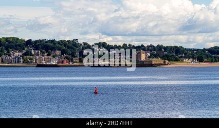 Dundee, Tayside, Scotland, UK. 19th July, 2023. UK Weather: Warm sunny July weather across Tayside, Scotland, with highs around 20°C. A beautiful morning view of Dundee City, Broughty Ferry, and the River Tay photographed from Tayport in Fife across the river. Credit: Dundee Photographics/Alamy Live News Stock Photo