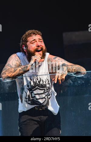 New York, USA. July 18, 2023, New York City, New York: (NEW) Post Malone  Performing live on TSX Stage at Times Square. July 18, 2023, New York, USA:  American rapper Austin Richard