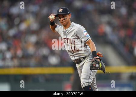 July 18 2023 Houston second baseman Mauricio Dubon (14) makes a play during  the game with Houston Astros and Colorado Rockies held at Coors Field in  Denver Co. David Seelig/Cal Sport Medi(Credit