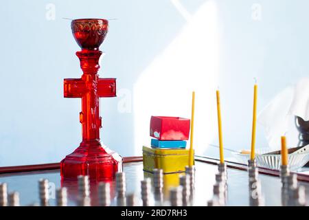 Church lamp in the form of a cross glass red. Stock Photo