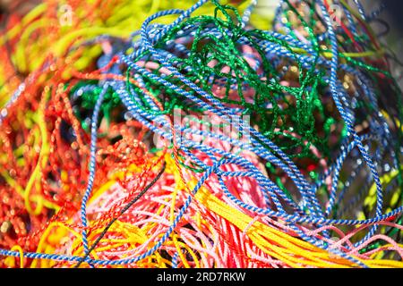 Multicolored colorful ropes and laces. Rope background. Stock Photo