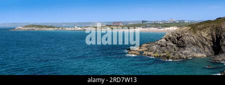 A spectacular panoramic image of the view over Fistral Bay from Pentire Point East in Newquay; in Cornwall in the UK, Europe Stock Photo