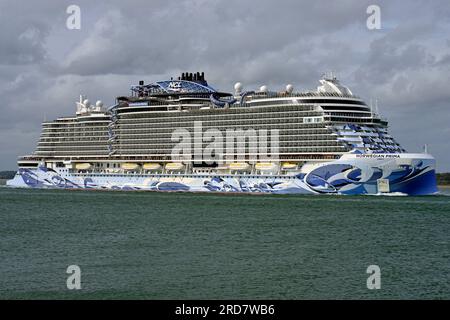 Cruise Liner Norwegian Prima is seen passing Calshot Castle leaving Southampton Water and entering the Solent. She is bound for Zeebrugge. Stock Photo