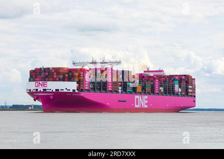 Stade, Germany – July 18, 2023: ONE Innovation, latest and largest addition to the container ship fleet of Ocean Network Express Pte. Ltd. Stock Photo