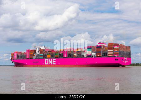 Stade, Germany – July 18, 2023: ONE Innovation, latest and largest addition to the container ship fleet of Ocean Network Express Pte. Ltd. Stock Photo