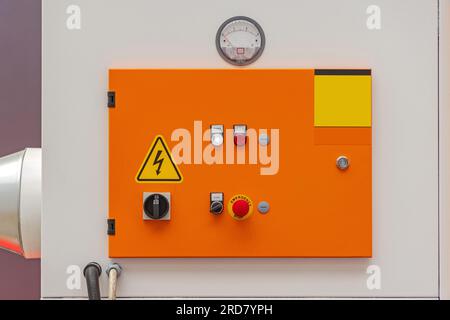 Machine Control Panel Pressure gauge Electric Power Switch Emergency Stop Buttons Stock Photo