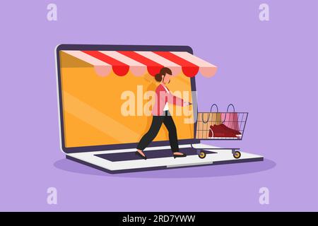 Character flat drawing beautiful woman coming out of laptop screen and pushing shopping cart. Sale, digital lifestyle, consumerism, marketing. Online Stock Photo