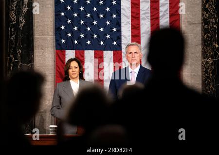 Washington, United States, 19/07/2023, Vice President Kamala Harris and House Speaker Kevin McCarthy await the entrance of Israel President Isaac Herzog during a Joint Session of Congress, on July 19, 2023 in the House Chamber of the U.S. Capitol in Washington DC Credit: Aaron Schwartz/Alamy Live News Stock Photo