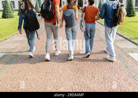 Group of students walking in college campus after classes, rear view Stock Photo