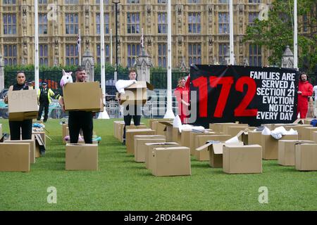 London, UK. 19th July, 2023. A total of 172 private renting families in England per day are served with a no-fault eviction notice from their landlord, a survey has found. These cardboard boxes represent their up-ended lives. Credit: JOHNNY ARMSTEAD/Alamy Live News Stock Photo