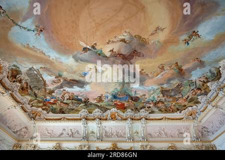 Germany, Bavaria,  Munich, Schleissheim Palace, The Neues Schloss or New Castle, Speisesaal or Dining Room, Ceiling fresco by Thomas Wink showing the Stock Photo
