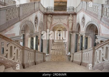 Germany, Bavaria,  Munich, Schleissheim Palace, The Neues Schloss or New Castle, The Staircase Hall designed by Henrico Zucalli which leads down to th Stock Photo