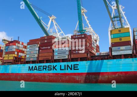 Miami, USA - April 29, 2022: Maersk container ship at Port Miami, one of the largest cargo ports in the US. Stock Photo