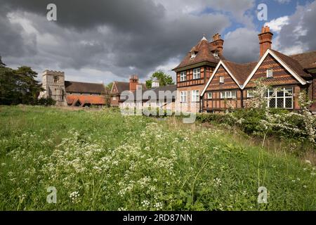 St Mary’s Church and the Morrell Room from Streatley Meadows in spring afternoon sunlight, Streatley, Berkshire, England, United Kingdom, Europe Stock Photo