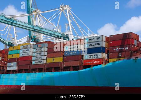 Miami, USA - April 29, 2022: Maersk container ship at Port Miami, one of the largest cargo ports in the US. Stock Photo