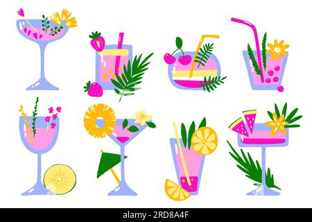 Cartoon tropical cocktails set. Color drinks on white background. Hand drawn liquor with straws, fruits, berries, leaves, spices. Beverage, soda, juic Stock Vector