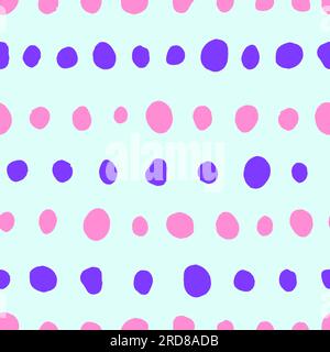 Seamless polka dots pattern. Pink, violet hand-drawn circles isolated on blue background. Abstract lines of points ornament. Vector illustration for w Stock Vector