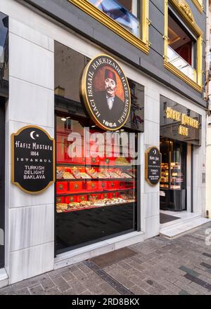 Istanbul, Turkey - May 13, 2023: Hafiz Moustafa, an old traditional Turkish Delight shop, in Istiklal Street, near Taksim Square Stock Photo