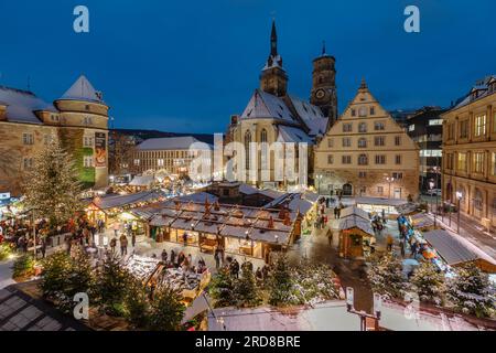 Christmas market on Schillerplatz square in front of Stiftskirche church, Stuttgart, Baden-Wurttemberg, Germany, Europe Stock Photo
