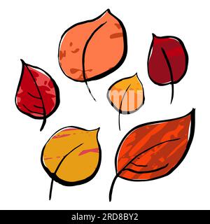Autumn sketch ink leaf set. Hand-drawn color textured herb, twig on white background. Doodle plant image. Nature, gardening, forest, fall sign. Ecolog Stock Vector