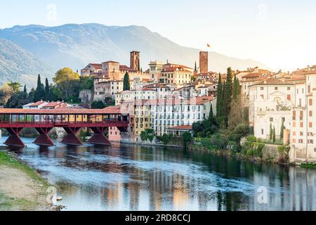 Old town of Bassano Del Grappa overlooking river Brenta at sunrise, Vicenza province, Veneto, Italy, Europe Stock Photo
