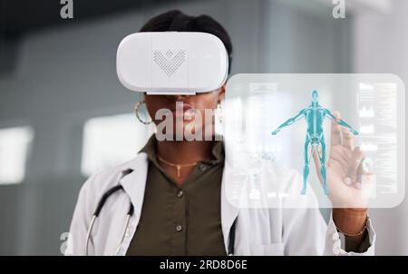 Doctor, woman and virtual reality glasses for hologram, human anatomy and click for analysis in clinic. African medic, holographic ux and ar vision Stock Photo