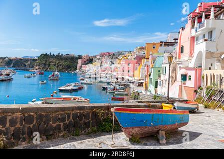 Multi-coloured houses and boats at Marina Corricella, Procida island, Naples Bay, Naples province, Phlegraean islands, Campania region, Italy, Europe Stock Photo