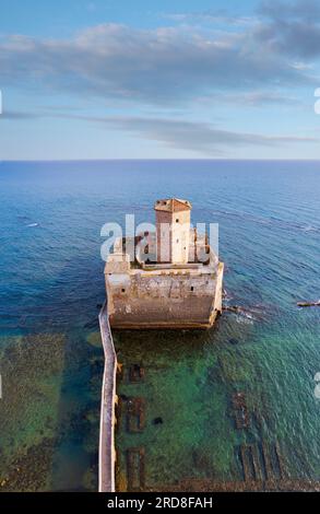 Panoramic view of the fortified castle of Torre Astura built in the water above the ruins of a Roman villa, Tyrrhenian Sea, Latium (Lazio), Italy Stock Photo