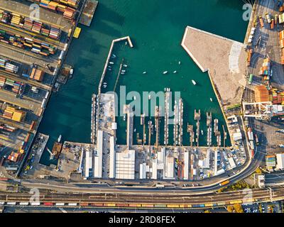 Aerial vertical view taken by drone of cargo port of La Spezia, Liguria district, Italy, Europe Stock Photo