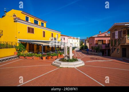 View of colourful buildings in Piazza Mediterraneo, San Teodoro, Sardinia, Italy, Mediterranean, Europe Stock Photo