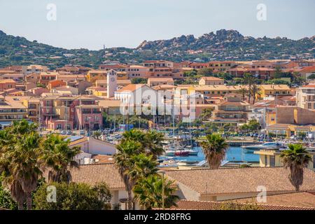 Elevated view of Church of Our Lady of Grace and Palau town, Palau, Sardinia, Italy, Mediterranean, Europe Stock Photo