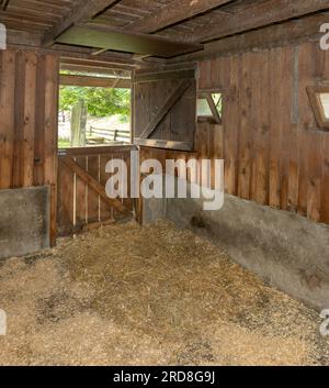 An empty barn with a door on a fenced meadow Stock Photo