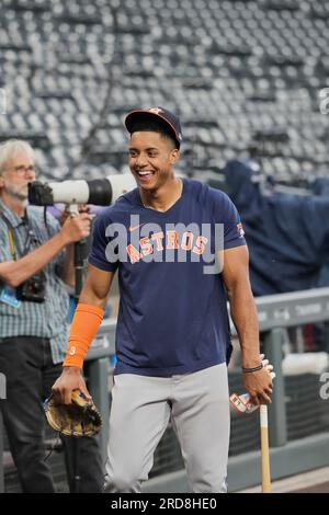 July 18 2023 Houston shortstop Jeremy Pena (3) before the game with Houston Astros and Colorado Rockies held at Coors Field in Denver Co. David Seelig/Cal Sport Medi(Credit Image: © David Seelig/Cal Sport Media/Cal Sport Media) (Credit Image: © David Seelig/Cal Sport Media/Cal Sport Media) Stock Photo