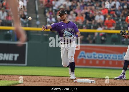 July 18 2023 Colorado shortstop Ezequiel Tovar (14) makes a play during the game with Houston Astros and Colorado Rockies held at Coors Field in Denver Co. David Seelig/Cal Sport Medi(Credit Image: © David Seelig/Cal Sport Media/Cal Sport Media) (Credit Image: © David Seelig/Cal Sport Media/Cal Sport Media) Stock Photo