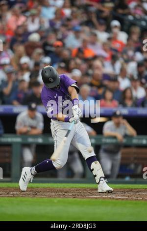 July 18 2023 Colorado shortstop Ezequiel Tovar (14) gets a hit during the game with Houston Astros and Colorado Rockies held at Coors Field in Denver Co. David Seelig/Cal Sport Medi Stock Photo