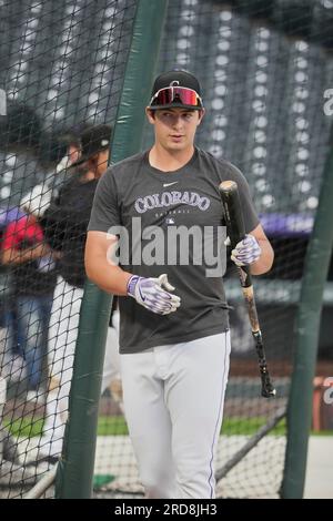 July 18 2023 Colorado utility player Michael Toglia 4 during batting practice before game with Houston Astros and Colorado Rockies held at Coors Field in Denver Co. David Seelig Cal Sport Medi Credit ...