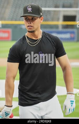 July 18 2023 Colorado shortstop Ezequiel Tovar (14) during batting practice before game with Houston Astros and Colorado Rockies held at Coors Field in Denver Co. David Seelig/Cal Sport Medi Stock Photo