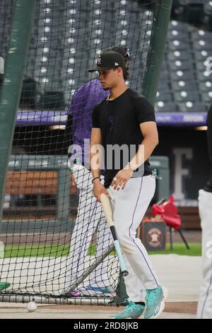 July 18 2023 Colorado shortstop Ezequiel Tovar (14) during batting practice before game with Houston Astros and Colorado Rockies held at Coors Field in Denver Co. David Seelig/Cal Sport Medi(Credit Image: © David Seelig/Cal Sport Media/Cal Sport Media) (Credit Image: © David Seelig/Cal Sport Media/Cal Sport Media) Stock Photo