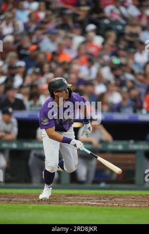 July 18 2023 Colorado shortstop Ezequiel Tovar (14) gets a hit during the game with Houston Astros and Colorado Rockies held at Coors Field in Denver Co. David Seelig/Cal Sport Medi(Credit Image: © David Seelig/Cal Sport Media/Cal Sport Media) (Credit Image: © David Seelig/Cal Sport Media/Cal Sport Media) Stock Photo