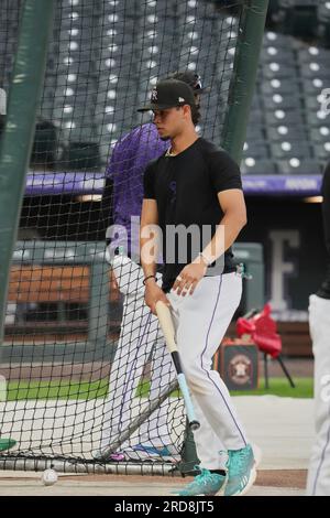 July 18 2023 Colorado shortstop Ezequiel Tovar (14) during batting practice before game with Houston Astros and Colorado Rockies held at Coors Field in Denver Co. David Seelig/Cal Sport Medi Stock Photo