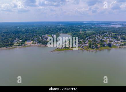 Hingham Harbor aerial view including historic waterfront village and Broad Cove in town of Hingham near Boston, Massachusetts MA, USA. Stock Photo