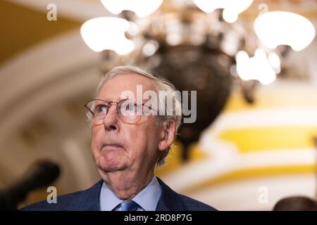 Senate Minority Leader Mitch McConnell speaks following policy luncheons outside the Senate Chambers of the U.S. Capitol, on July 19, 2023 in Washington, DC. McConnell spoke about Israel President Herzog’s visit and the upcoming defense authorization bill vote. Stock Photo