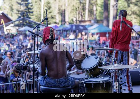 Grass Valley, United States. 15th July, 2023. California WorldFest Takes Place in Northern California During Western U.S. Heatwave. Jupiter & Okwess performs their blend of Congo rhythm, funk and rock. July 15, 2023 (Photo by Penny Collins/NurPhoto) Credit: NurPhoto SRL/Alamy Live News Stock Photo