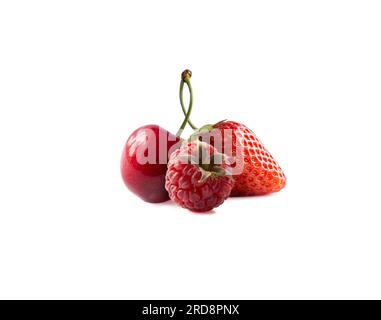 Raspberry, cherry and strawberry with clipping path. Berries and fruits with copy space for text. Three isolated berries. Stock Photo