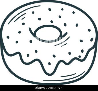 Sweet donut hand drawn clip art. Delicious pastries in glaze with sprinkles doodle style illustration. Takeaway food, bun icon. Cute round pastry Stock Vector