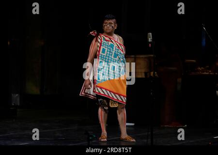 Act of the Epic Opera Cuitlahuatzin during its premiere at the Palacio de Bellas Artes in Mexico City, on july 17, 2023, which represents an opera in the Nahuatl language about the life of Cuitlahuac, warrior, tlahtoani of Iztapalapa and Mexico Tenochtitlan, symbol of struggle and resistance of the Mexica people and of freedom. More than 150 artists on stage recreated passages from the life of the only Mexica hero who defeated the Spaniards during the indigenous resistance on that victorious night of 30 June 1520. (Photo by Gerardo Vieyra/NurPhoto) Stock Photo